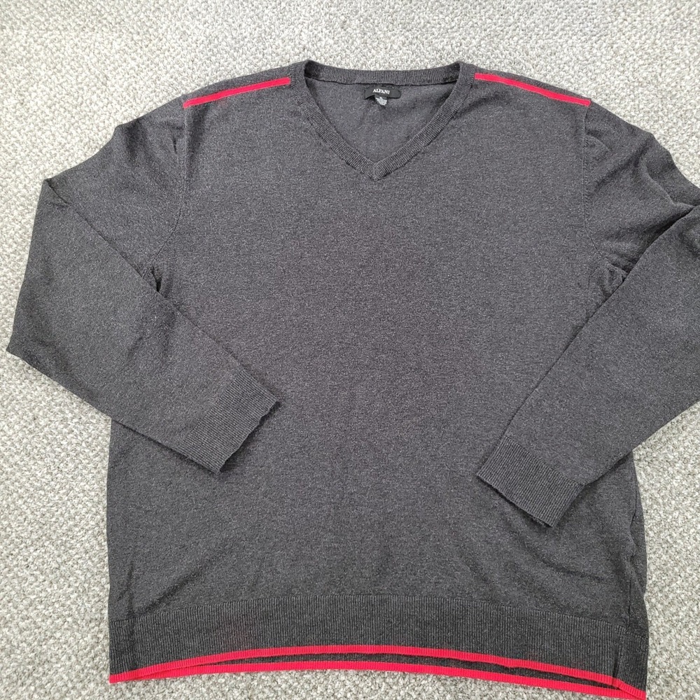 Alfani Mens XL V-Neck Sweater Charcoal Gray Red‎ Stripe Cotton Blend Pullover
